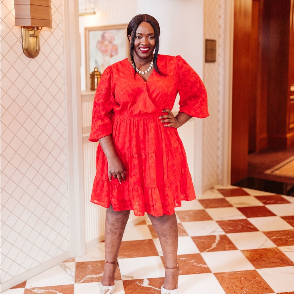 Red ruffled tiered surplice dress